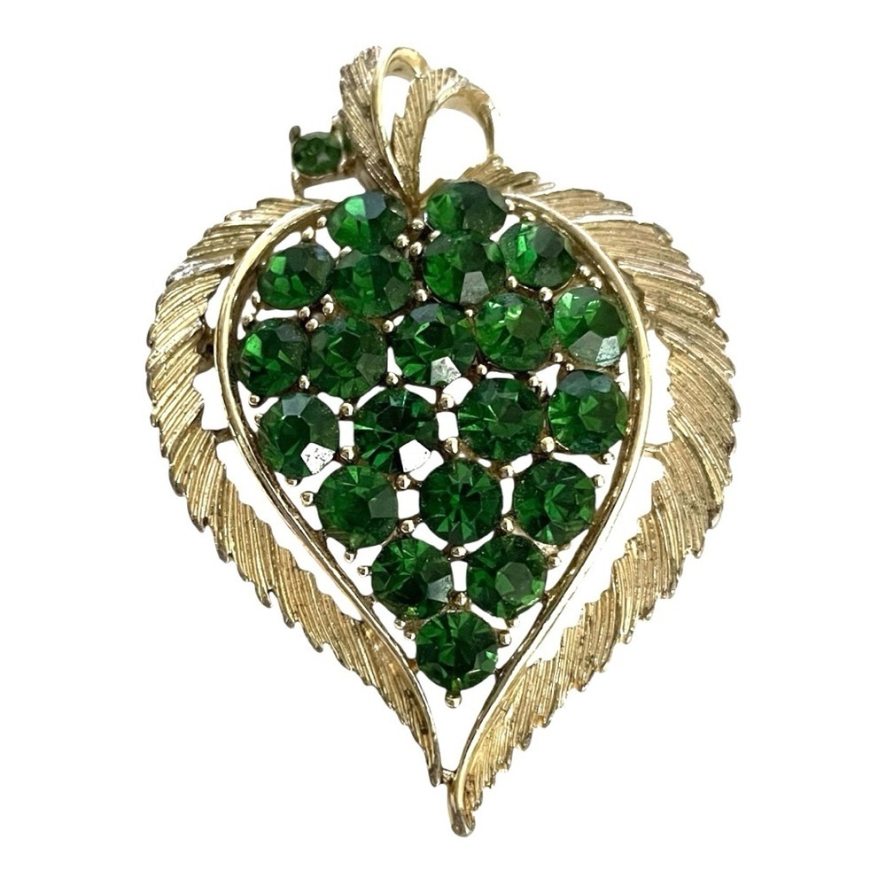 Usner Vintage Signed Brooch, Green Sparkling Stones, Gold Leaf Border.